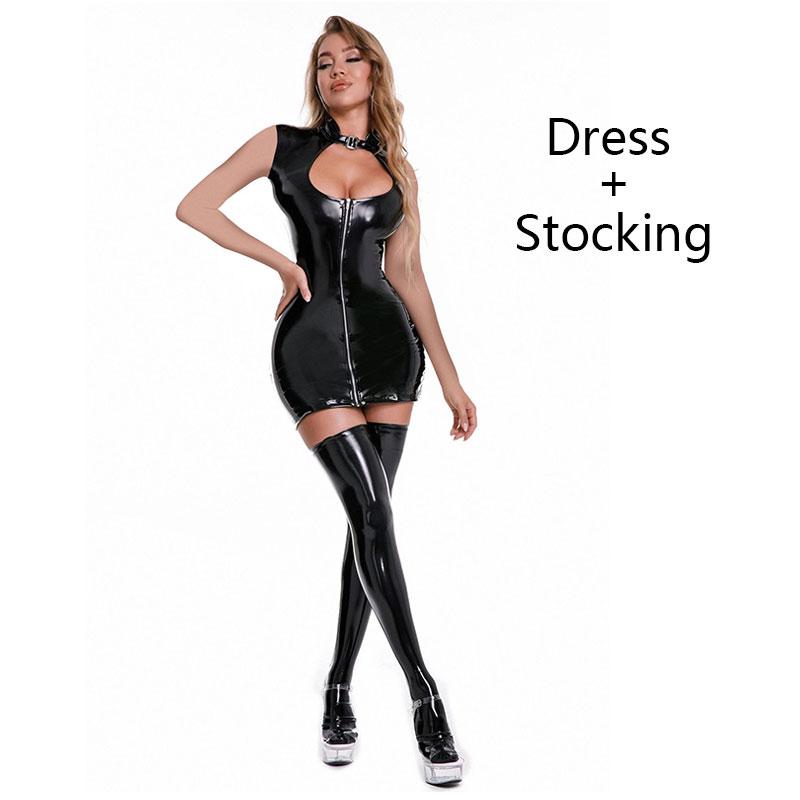 Women Sexy Shiny PVC Leather Dress Sleeveless Zipper Open Crotch Latex Sheath Bag Hip Skirt Sexy Porn Breast Exposing Dress