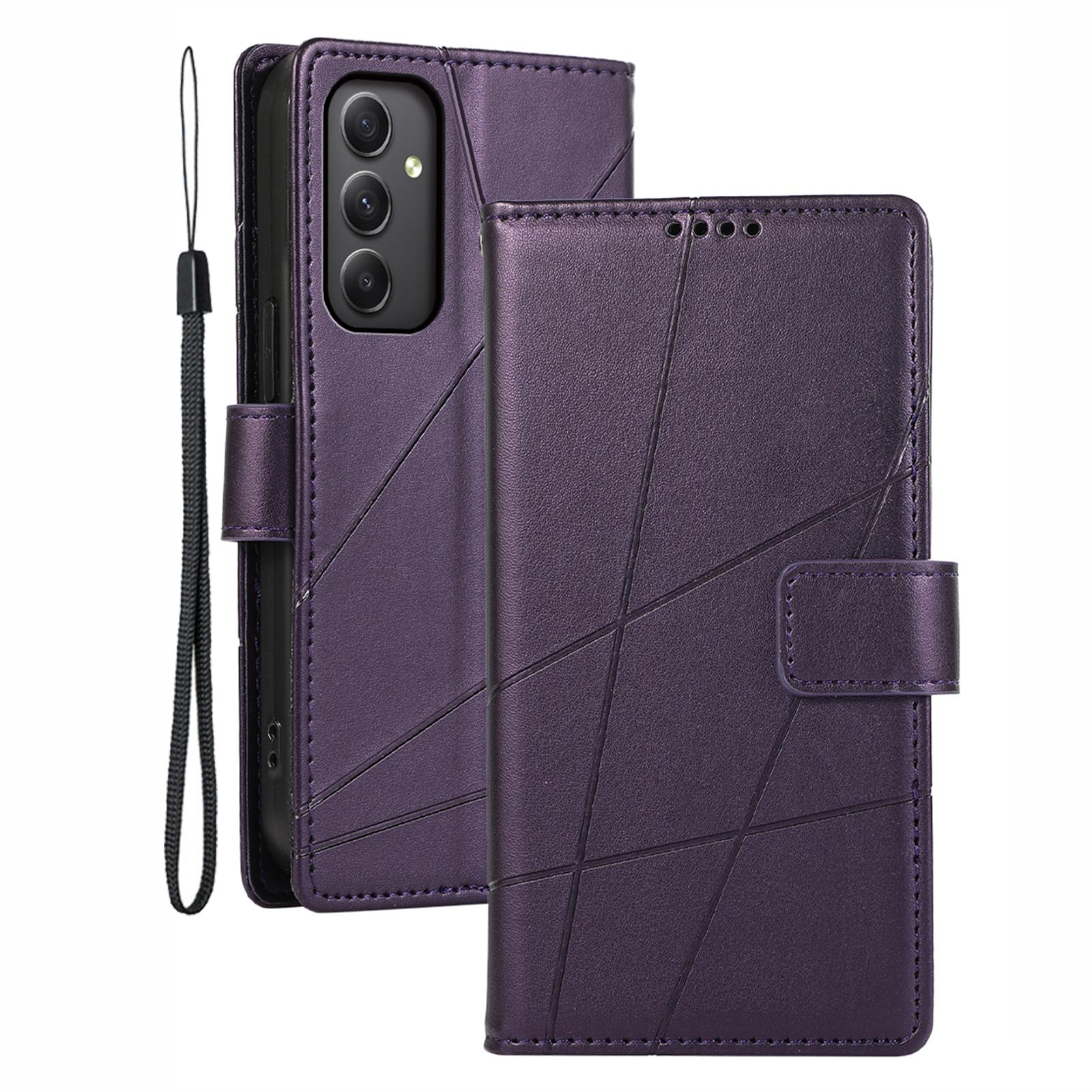 

DF-06 For Samsung Galaxy M34 5G/F34 5G Case Lines Imprinted PU Leather Phone Cover with Wrist Strap Purple