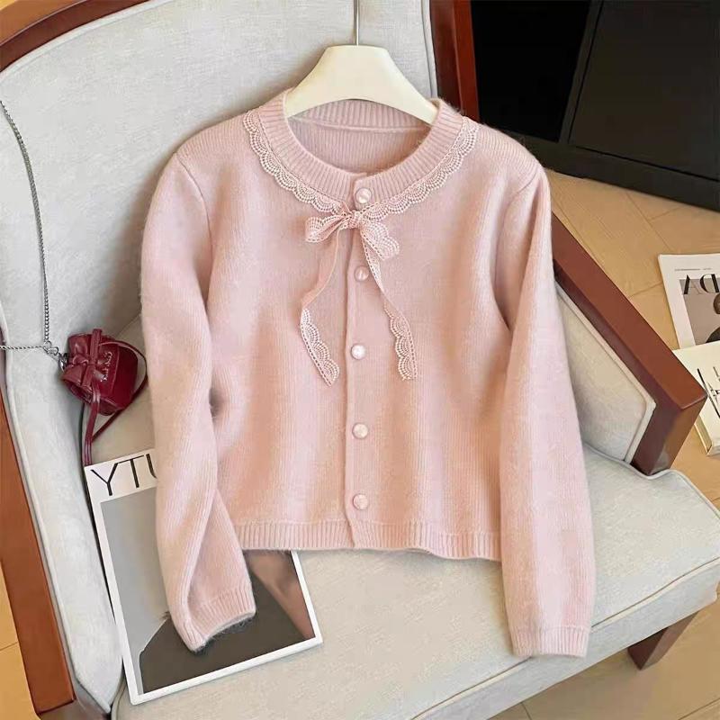 

Солодкий в язаний кардиган зі стібками мереживо для жінок Осінь Зима Новий Ніжний Стиль Короткий Топ S рожевий