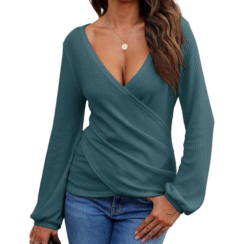 women s Waffle Knit Surplice V Neck Lantern Long Sleeve Solid Color Casual Wrap Blouse Top S