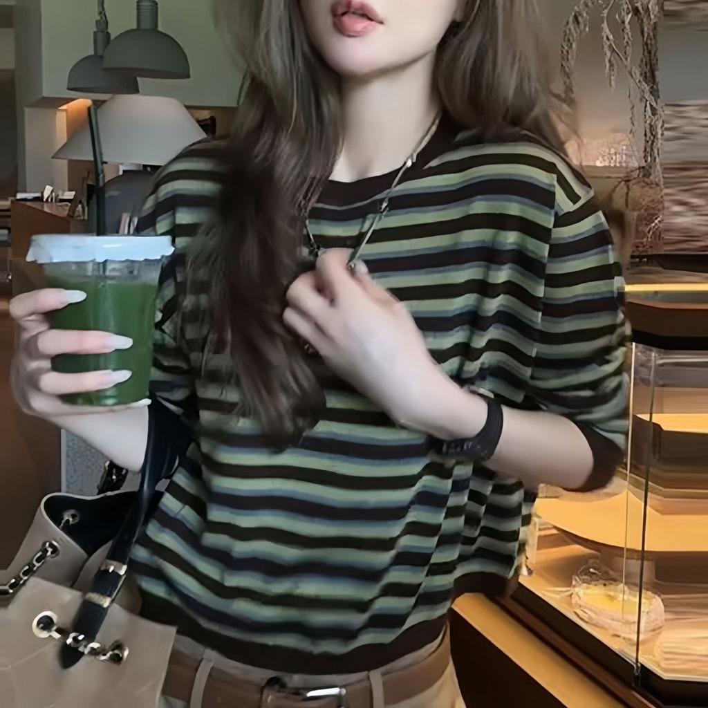 Korean Early Autumn Fashion Long Sleeve Tee Spring Fall Versatile Women Green Stripe Color Block Patch Top