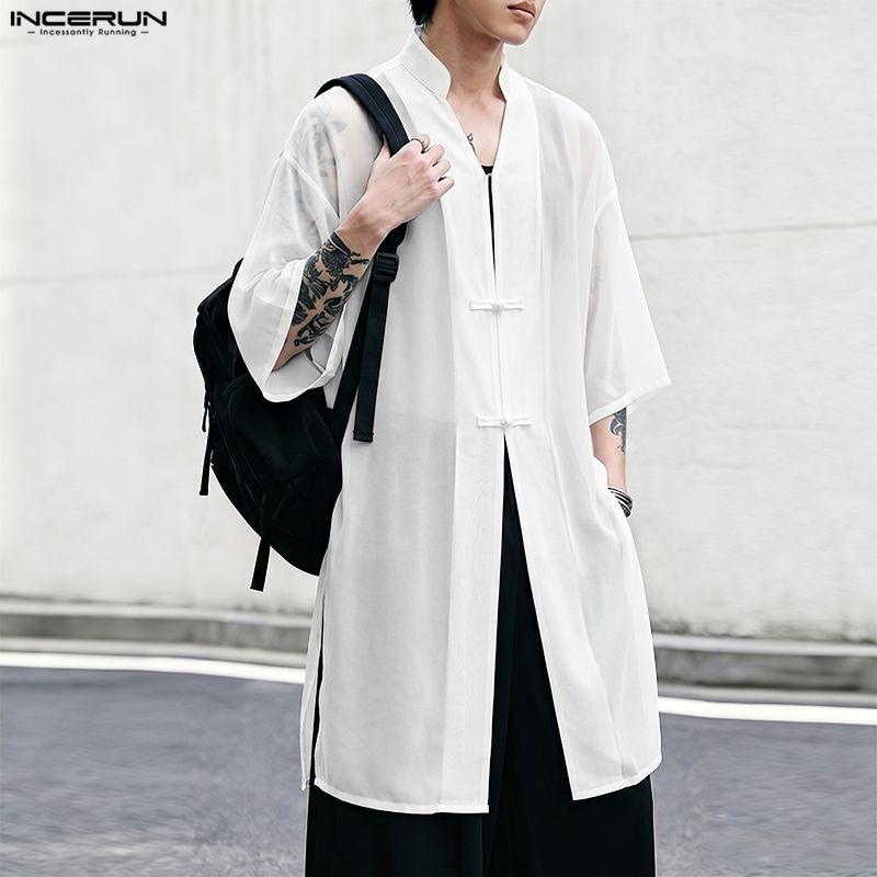 INCERUN Oversized Summer Men 3/4 Sleeve See Through Mesh Sheer Long Shirts Tops