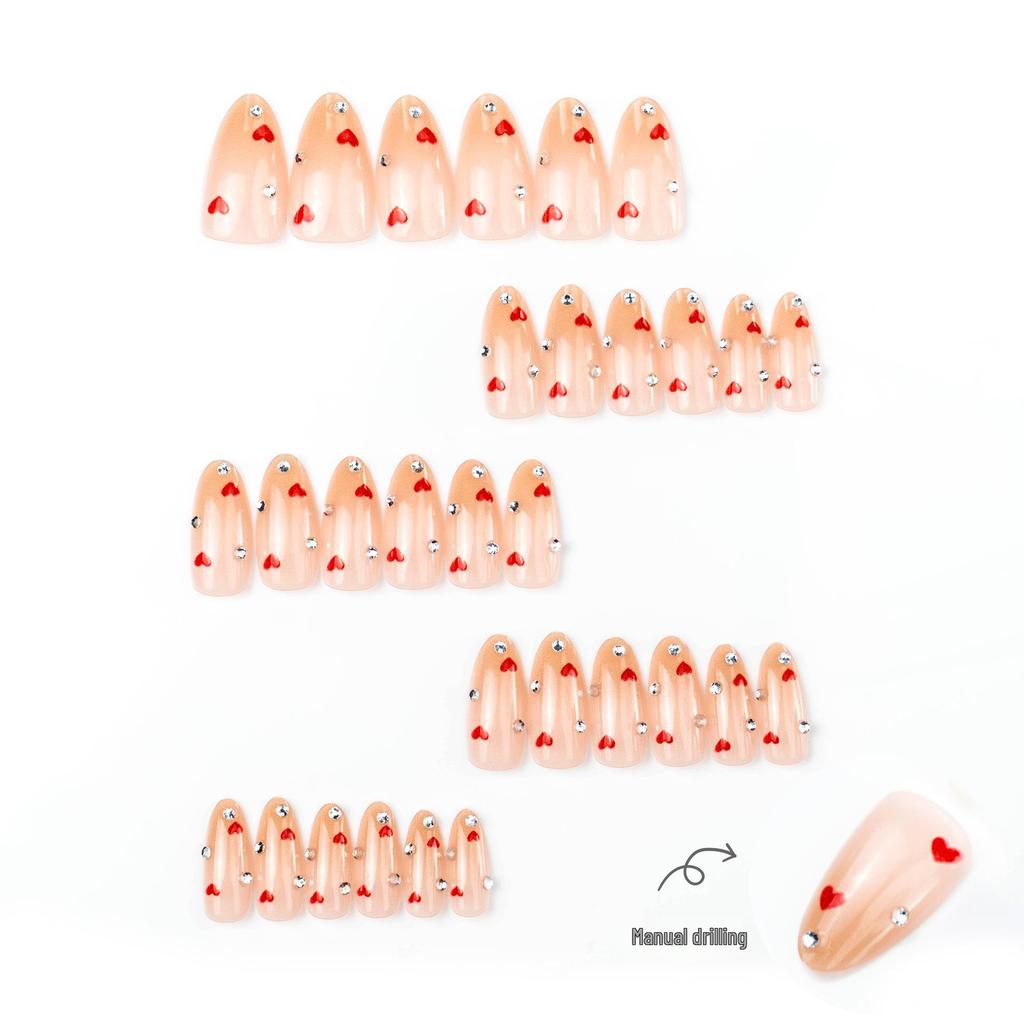 30pcs Valentine's Day Heart Rhinestone Fake Nails - Sweet, Cute, Handmade Wearable Tips
