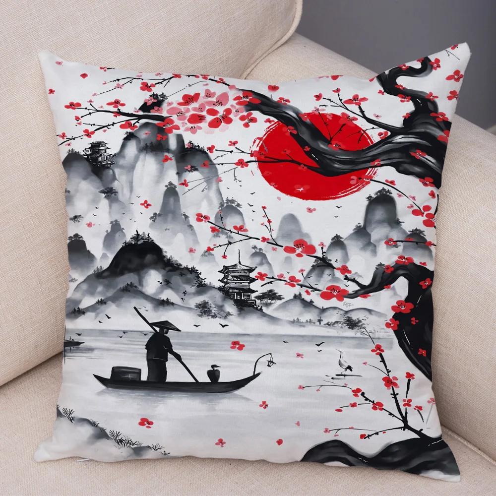 Japan Style Ink Warrior Cushion Cover for Sofa Home Double Print Decor Beautiful Scenery Girl Pillowcase Soft Plush Pillow Case