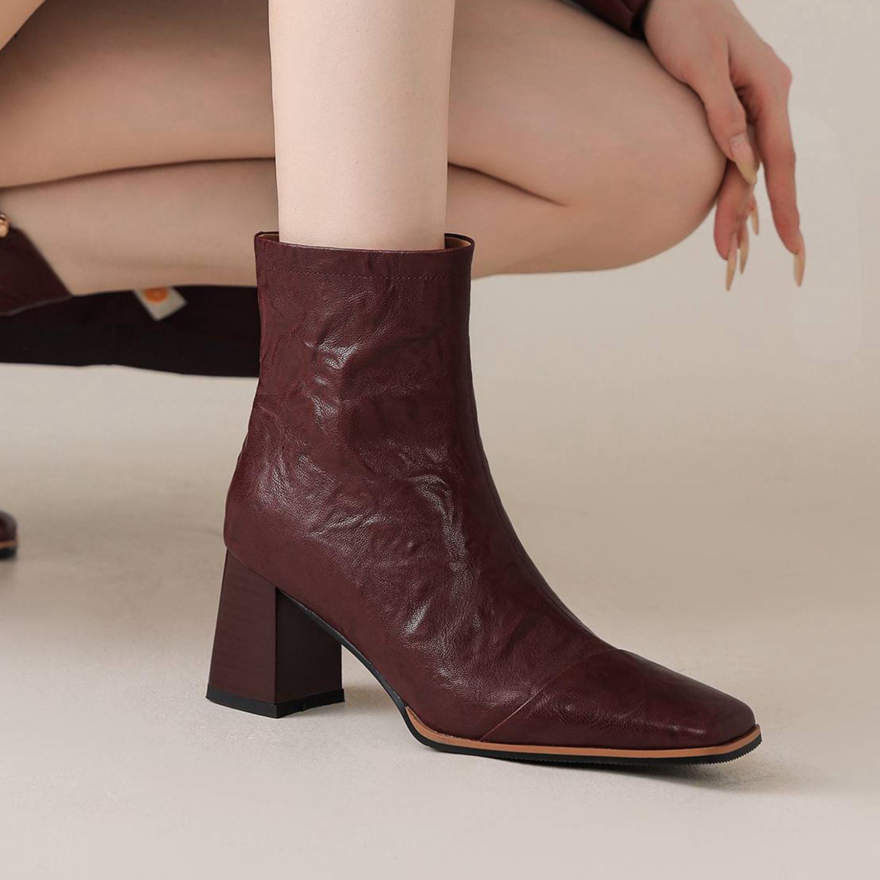 

Krazing Pot Sheepskin Autumn Winter Shoes Thick High Heels Big Size 43 Modern Boots Square Toe Keep Warm Zip Pleated Design Ankle Boots 43 винний