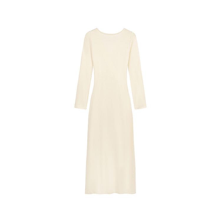 2026 Autumn/Winter Elegant V-Neck Long Sleeve Pleated Waist Split Skirt Dress for Women