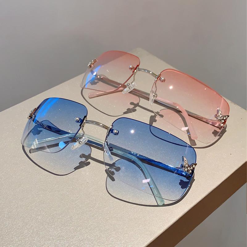 Luxury Brand Designer Rimless Square Sunglasses Women For Female Trendy Sun Glasses Diamond Butterfly Pink Punk Shades Uv400