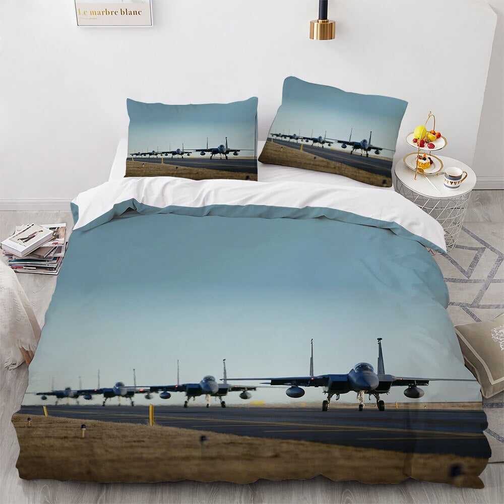 Fighter Plane Duvet Cover Military Aircraft Theme For Children Boys Men Gifts Sunset Airplane Airstrip Bedroom Decoration Warm