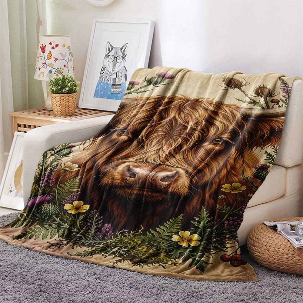 1PC High Mountain Cattle Print FlAannel Blanket, High quality Comfortable for All Seasons, Home Decor, Warmth and Comfort