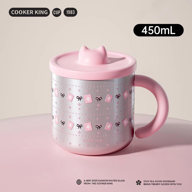 

COOKER KING Stainless Steel Thermos Mug Creative Cute Coffee Cup with Lid Heat Insulation Anti-fall Thermos Mug Home Water Cup 450ML рожевий