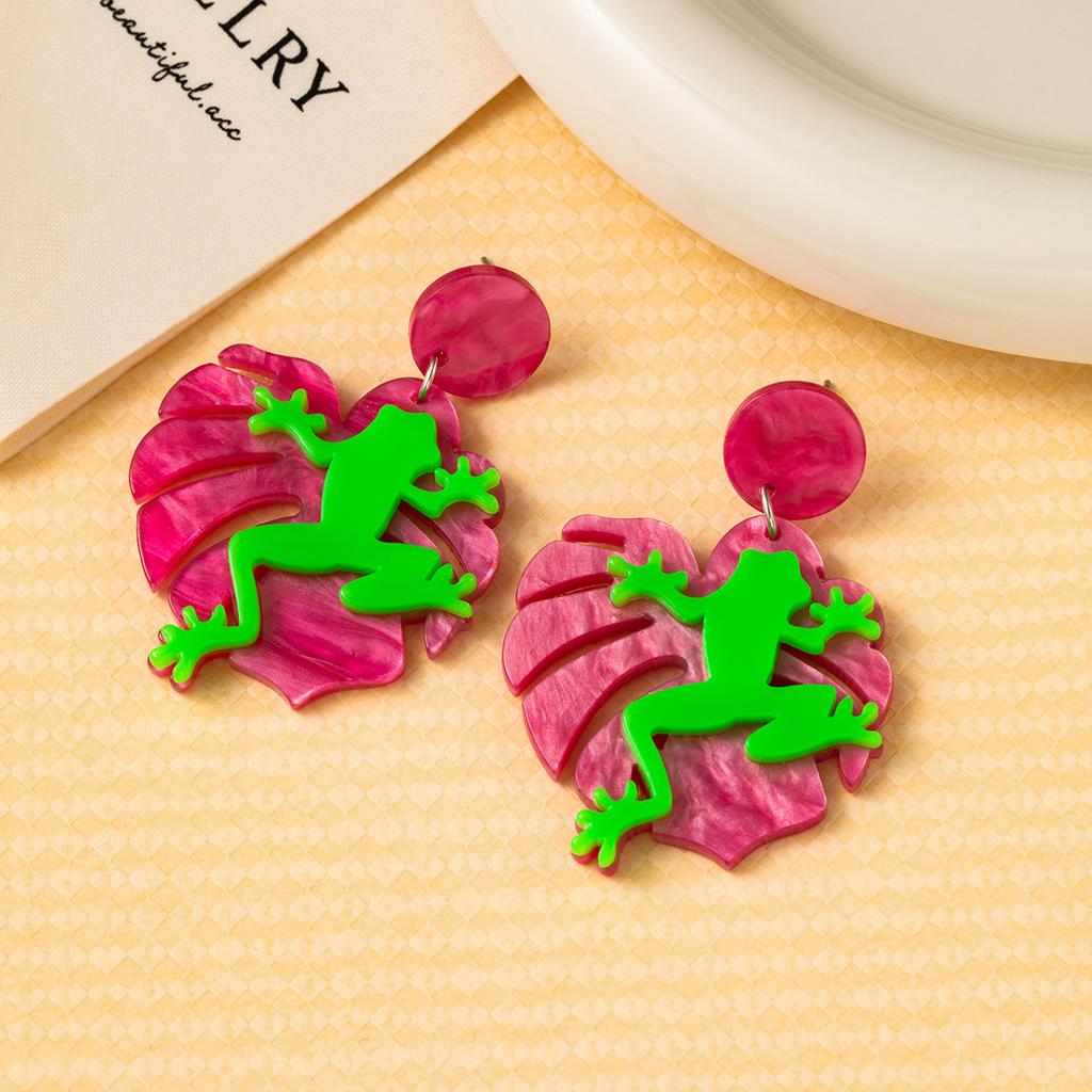 Creative Design Earrings Personality Fun Funny Frog Leaf Acrylic Fashion Earrings