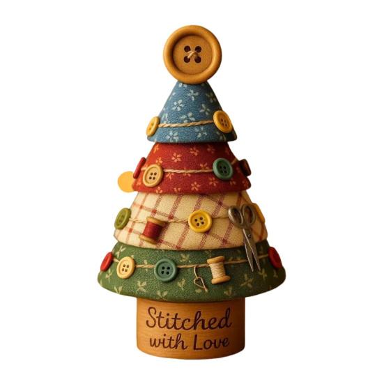 Fabric Christmas Tree Figurine Handmade Multi-Layer Xmas Tree Ornament with Buttons Scissors And Star Topper Holiday DIY Patchwork Craft for