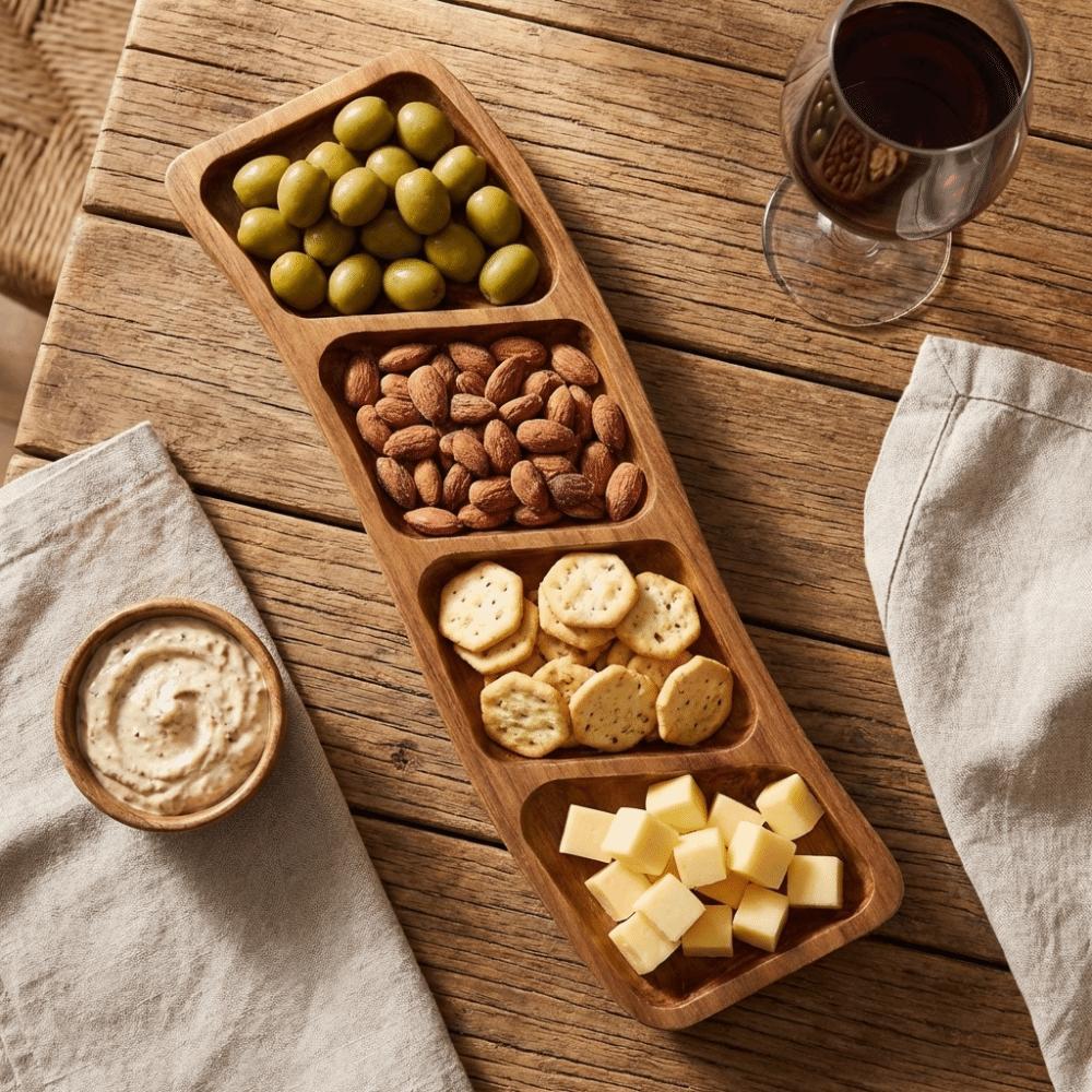 3/4 Compartments Wooden Snack Tray Portable Nut Platter Candies Tray  Living Room