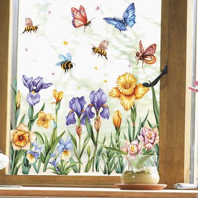Fresh Hand-Painted Flower Butterfly Static Cling UV Window Sticker for Glass Window Home Decoration
