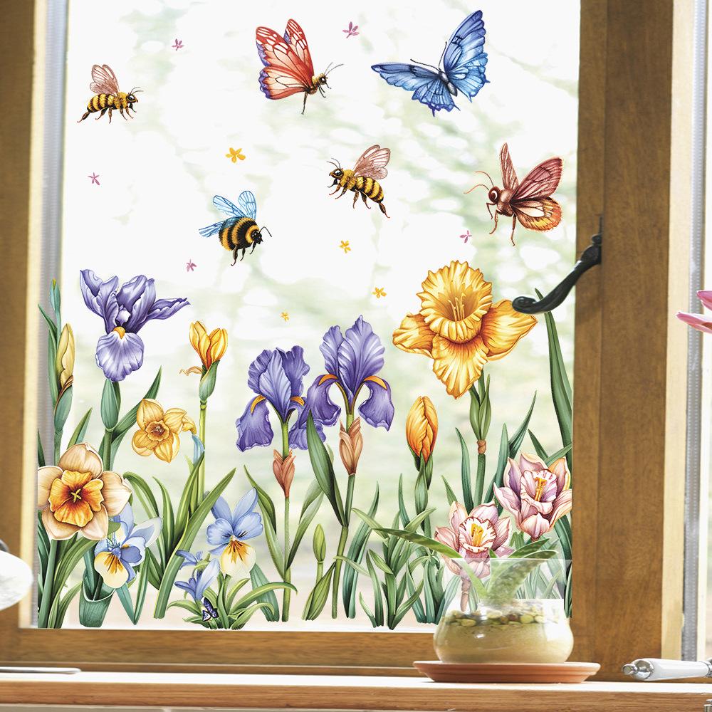 Fresh Hand-Painted Flower Butterfly Static Cling UV Window Sticker for Glass Window Home Decoration