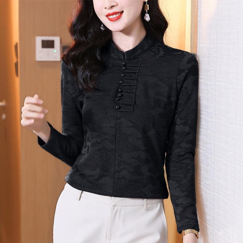 

Новая базовая рубашка с длинными рукавами в китайском стиле для женщин на осень и зиму, новый воротник-стойка на пуговицах, плюс утолщенный бархатный термотоп 6XL