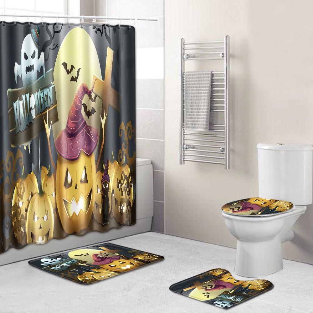 Halloween Shower Curtain Floor Mat Combination Four-Piece Set Bathroom Toilet Carpet Shower Room Foot Mat