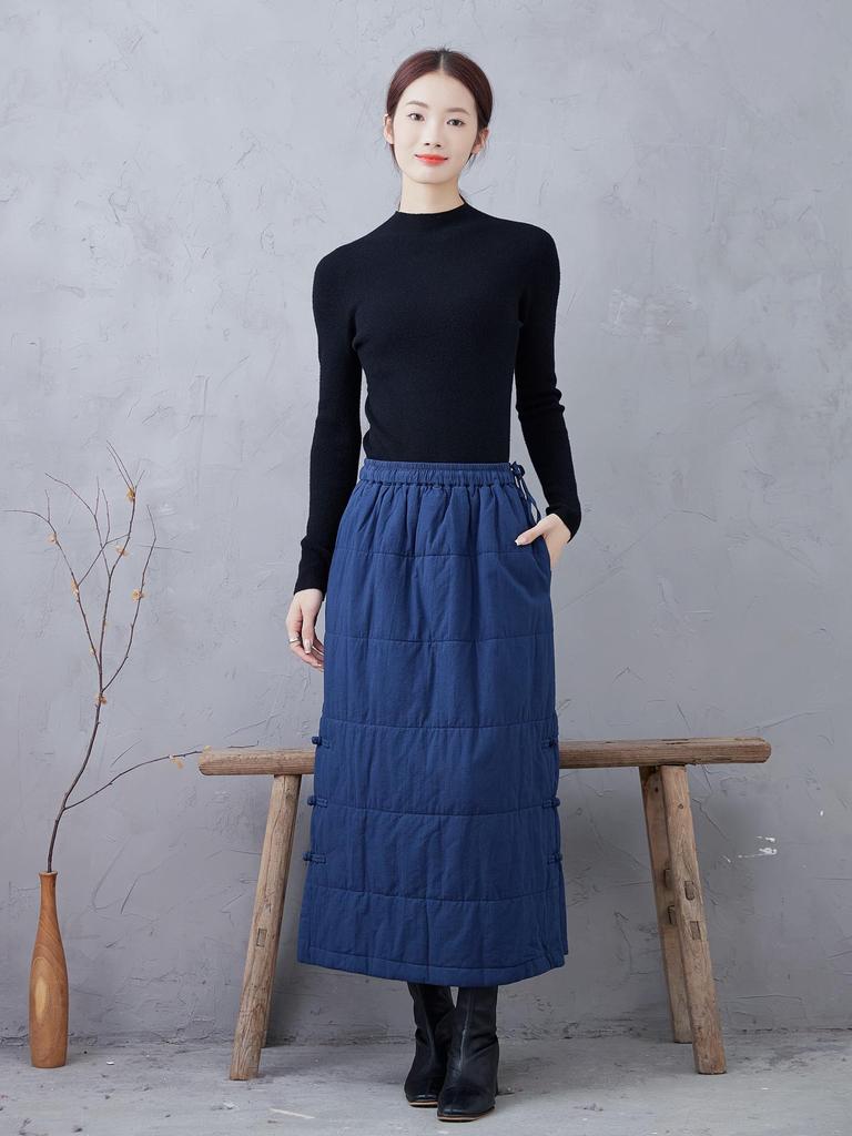 Autumn/Winter Navy Blue Quilted Cotton Midi Skirt - Plus Size, Slimming, Versatile, Chinese-Inspired, Intellectual Style