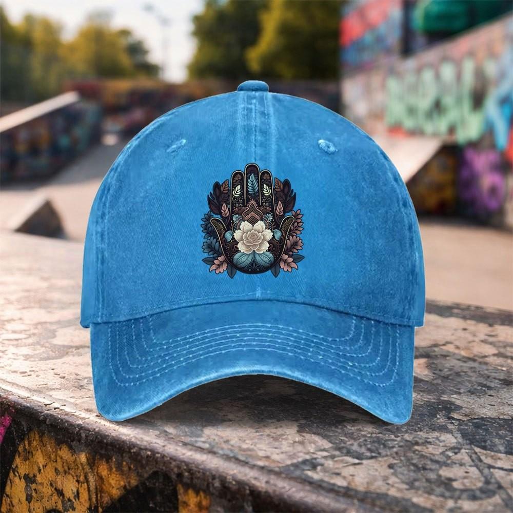 Hamsa Hand Floral Baseball Cap Distressed Cotton Washed Outdoor Casual Adjustable Unisex Hat