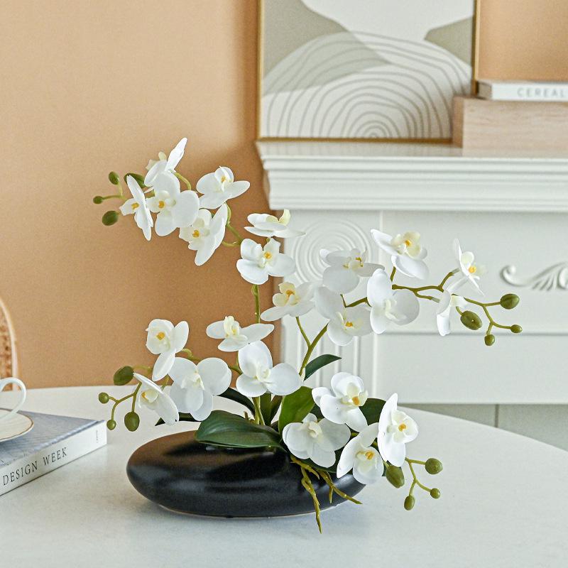 Realistic Phalaenopsis Artificial Flower Centerpiece for Dining Table with Vase