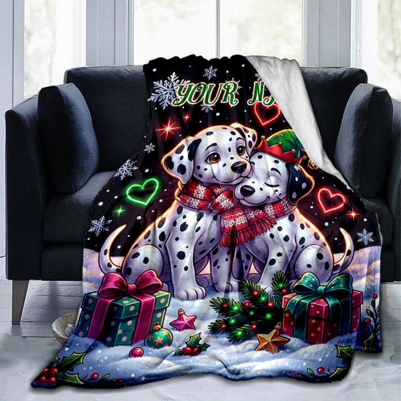 1PC Custom Name Dalmatian Puppies Christmas blanket versatile,all-season throw suitable for the living room,bedroom,camping,travel,and gift