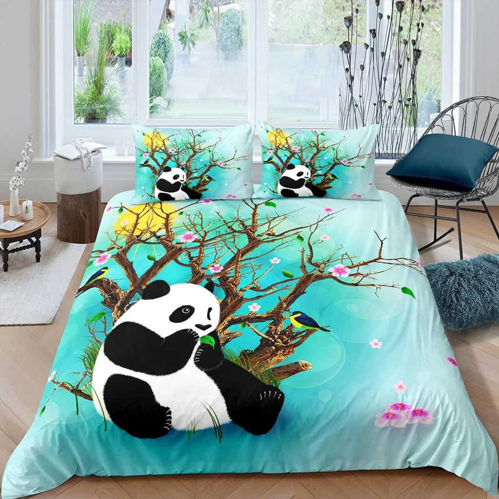 Kids Panda King Queen Duvet Cover Cute Animal Bedding Set For Boys Girls Cartoon Style 2/3pcs Quilt Cover Flower Comforter Cover