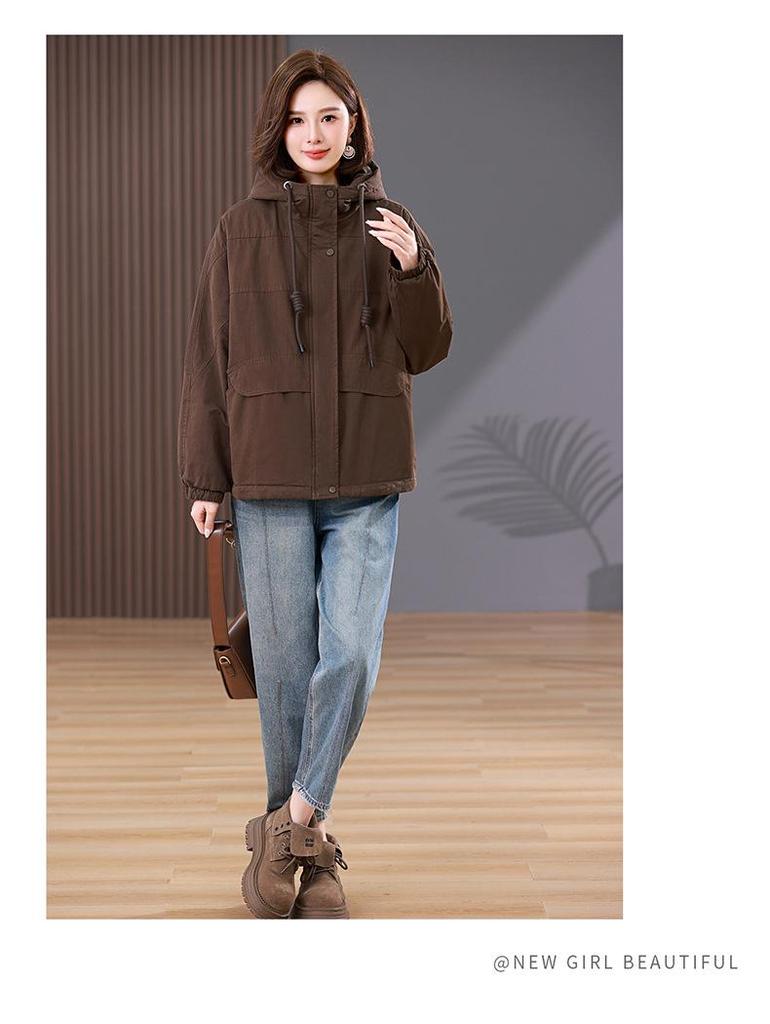 Women's Plus Size Pure Cotton Fleece-Lined Parka Jacket - Short, Thickened, Casual Style for Autumn/Winter 2024