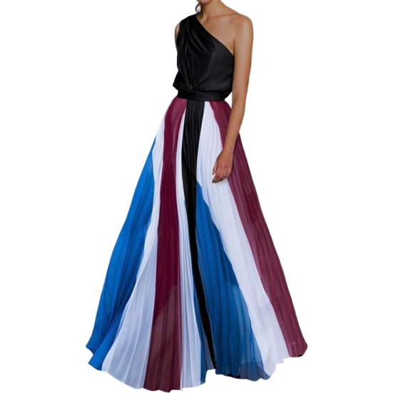 1 Set Bankettkleid Kontrastfarbe Atmungsaktiv Bodenlang Großer Saum Abendkleid