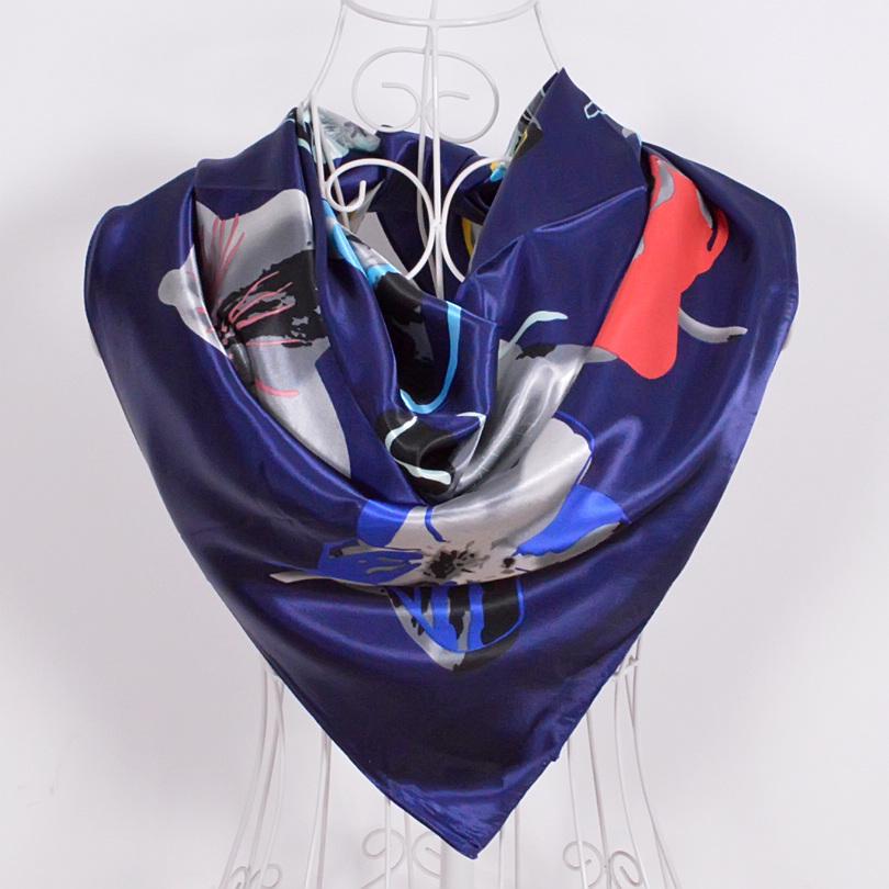 [BYISFA] Ladies Silk Scarf Wraps Europe Style Design Satin Big Square Scarf Printed New Brand Women Blue Silk Scarf  90*90cm