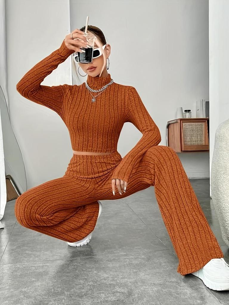 2025 Women's Solid Color Ribbed Knit Set: Long Sleeve Top and Base Shirt