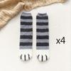 4pairs Winter Coral Fleece Cat Paw Print Socks For Women Men Warm Striped Middle Tube Socks Home Floor Sleeping Socks