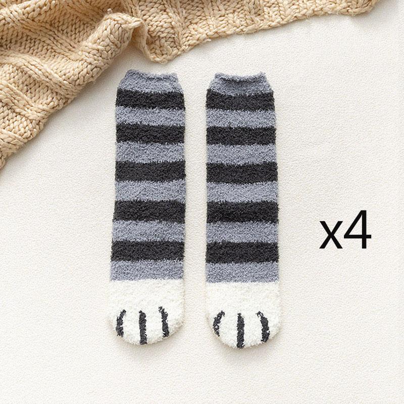 4pairs Winter Coral Fleece Cat Paw Print Socks For Women Men Warm Striped Middle Tube Socks Home Floor Sleeping Socks