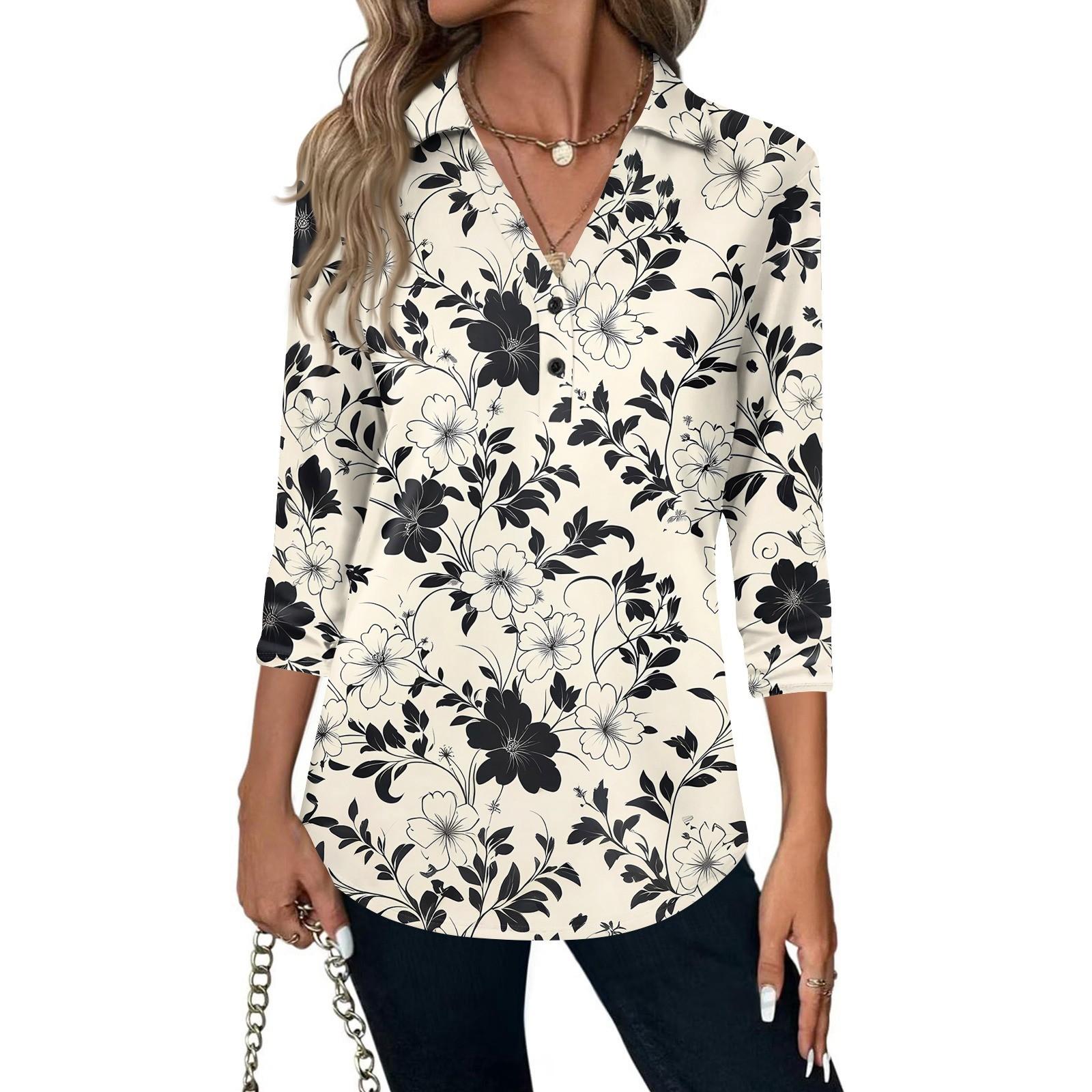 

Women s Fashion Casual Lapel Short 3/4 Sleeve Print Shirt Women s V-Neck Button Tops XXL бежевий