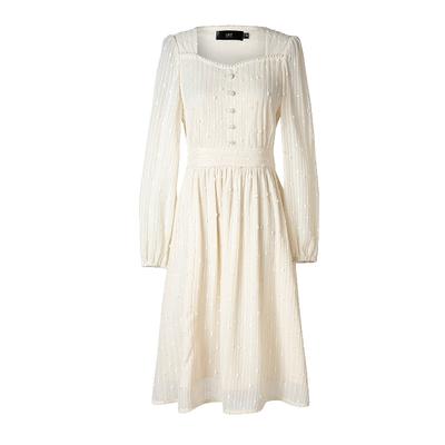 Spring Latest Vintage Style Square Collar Beaded Mid-length Dress with Three-dimensional Jacquard Waist-hugging and Slim Long-sleeved Skirt