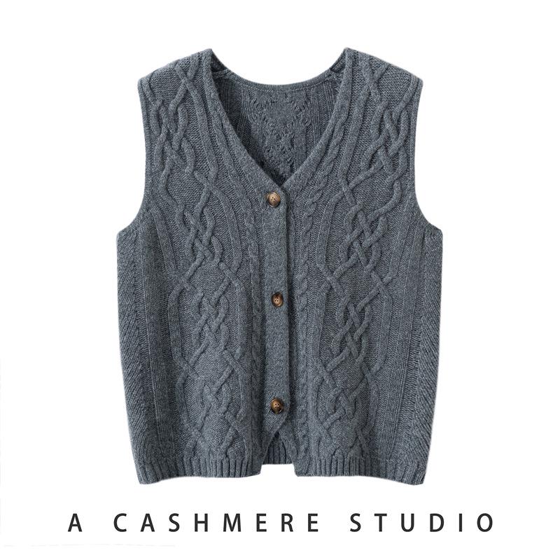 Women's 100% Pure Cashmere Cable Knit V-Neck Sleeveless Cardigan