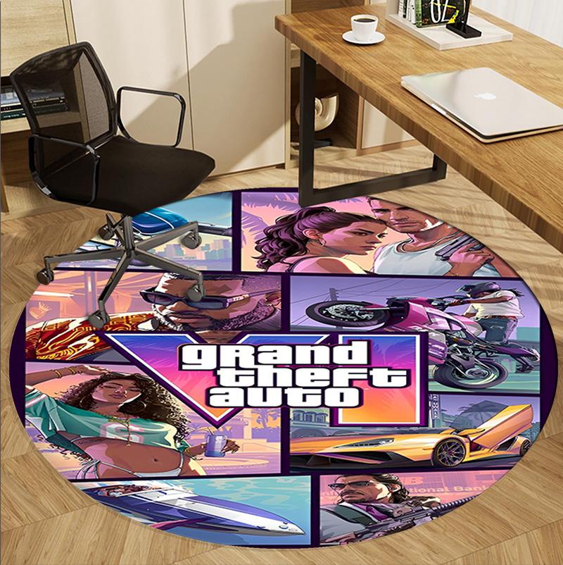 Grand Theft Auto VI Pattern Round Rug, Indoor/Outdoor Mat, for Picnic, Gameroom, Bedroom, Office, Living Room, Home Decor Carpet, Birthday Gift