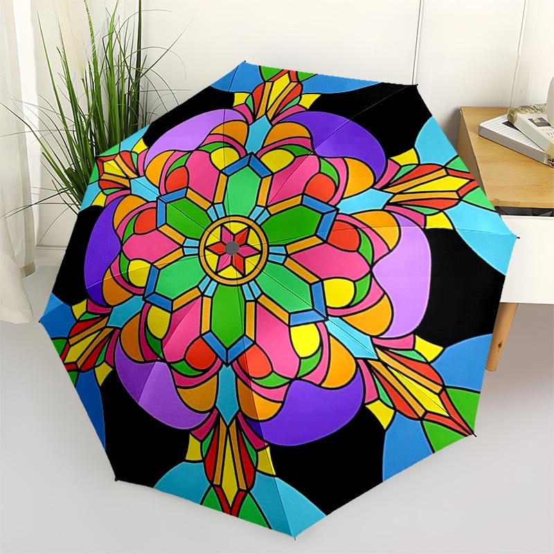 1pc Colorful Mandala Pattern Automatic Folding Umbrella - Portable 3-Fold Design with 8-Bone Iron Frame - Outdoor for Fans, Travelers, Daily Use - Per