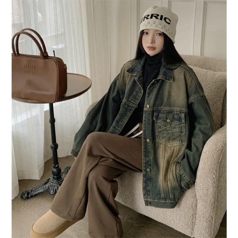 Large Size Fat M Winter Clothing Loose Silhouette Design Sense Retro Fleece Thickened Denim Jacket Chenille