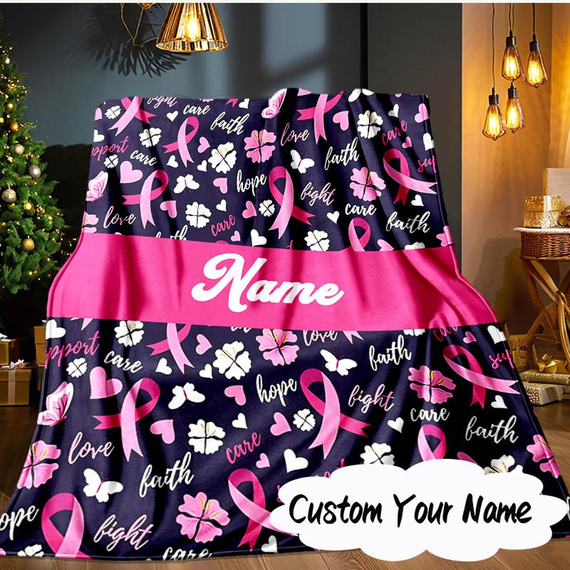 Custom Name Pink Ribbon Butterfly Blanket Ideal Bedding Blanket Perfect for Travel, Camping, Living Rooms, Offices, Sofas, Fan Christmas gift
