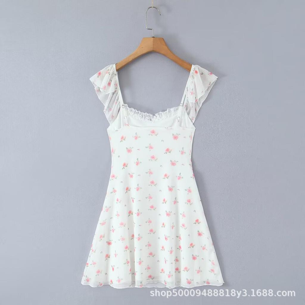 Pure French sexy lace lace-up ruffle edge waist thin print suspender dress women's A-word short skirt summer