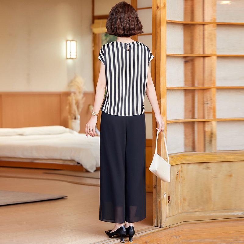 Stylish Chiffon Two-Piece Set: Striped Top & Wide-Leg Pants for Middle-Aged Women