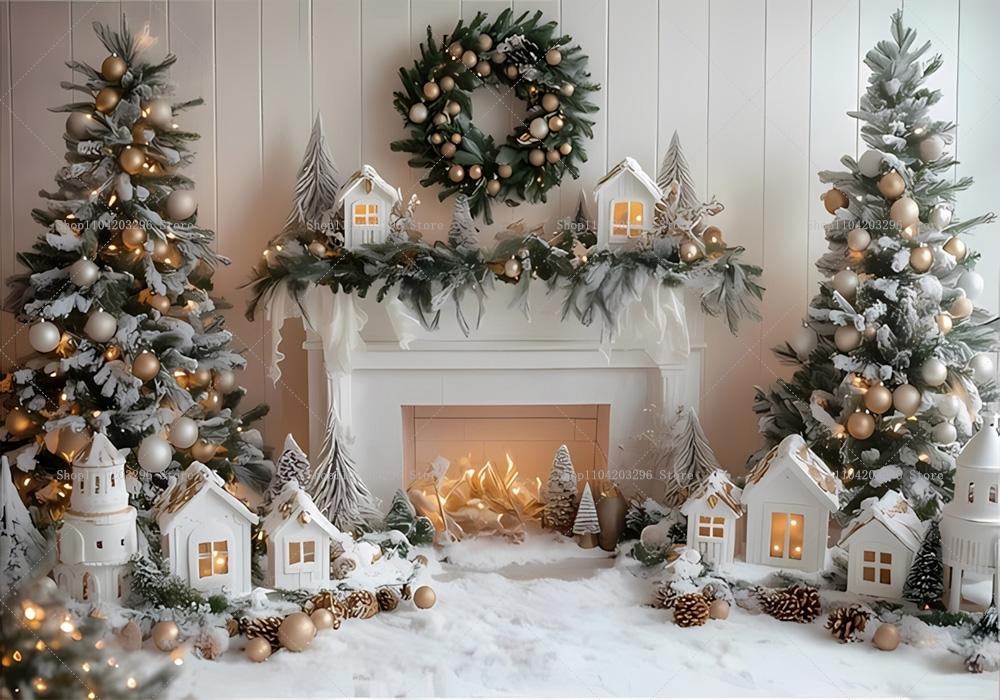 Kış Penceresi Noel Arka Planı Şömine Noel Ağacı Hediyeler Ayıcık Navidad Parti Dekorasyonu Çocuk Portre Fotoğrafçılığı Arka Planı