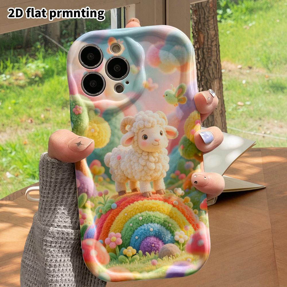 Phone case: 2D flat, suitable for iPhone 18, 17, 16, 15, 14, 13, 12 Pro protective case, rainbow hillside little sheep, perfect Christmas and Hallowee