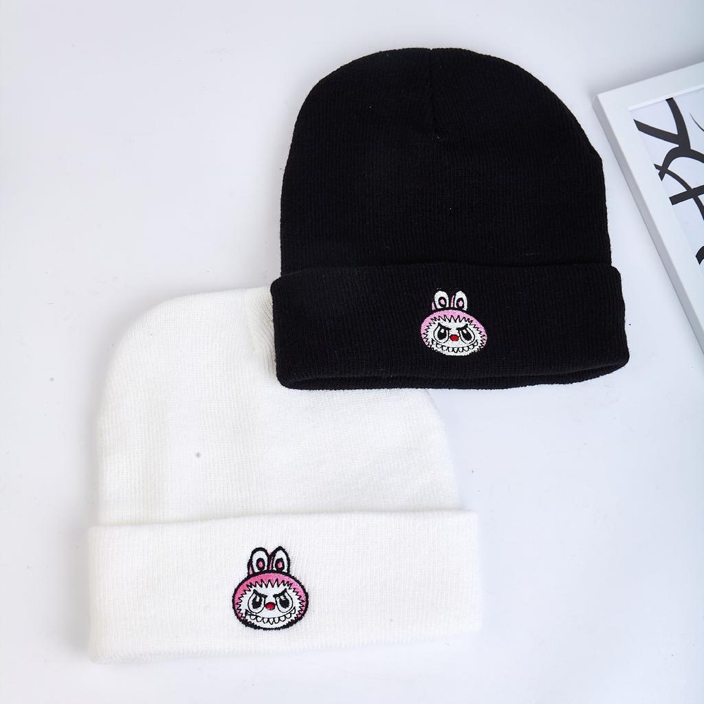 Hat Student Black Cartoon Wool Hat To Keep Warm Autumn and Winter Play Men and Women Pull Cloth Blue Embroidery La Knitted Hat Trendy