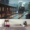 2D flat surface, 1-piece backdrop of a steam train arriving in the rain, suitable for festival photos and decoration