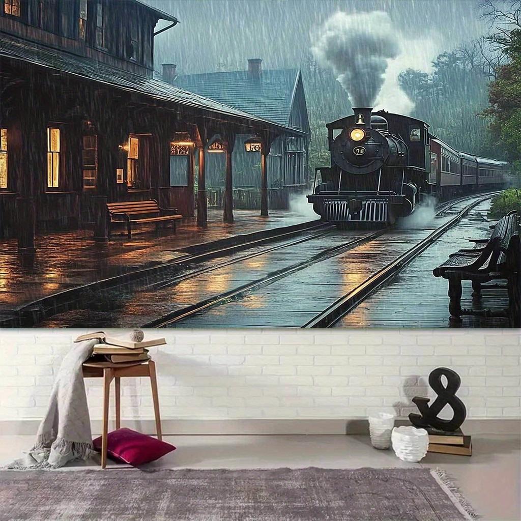 2D flat surface, 1-piece backdrop of a steam train arriving in the rain, suitable for festival photos and decoration