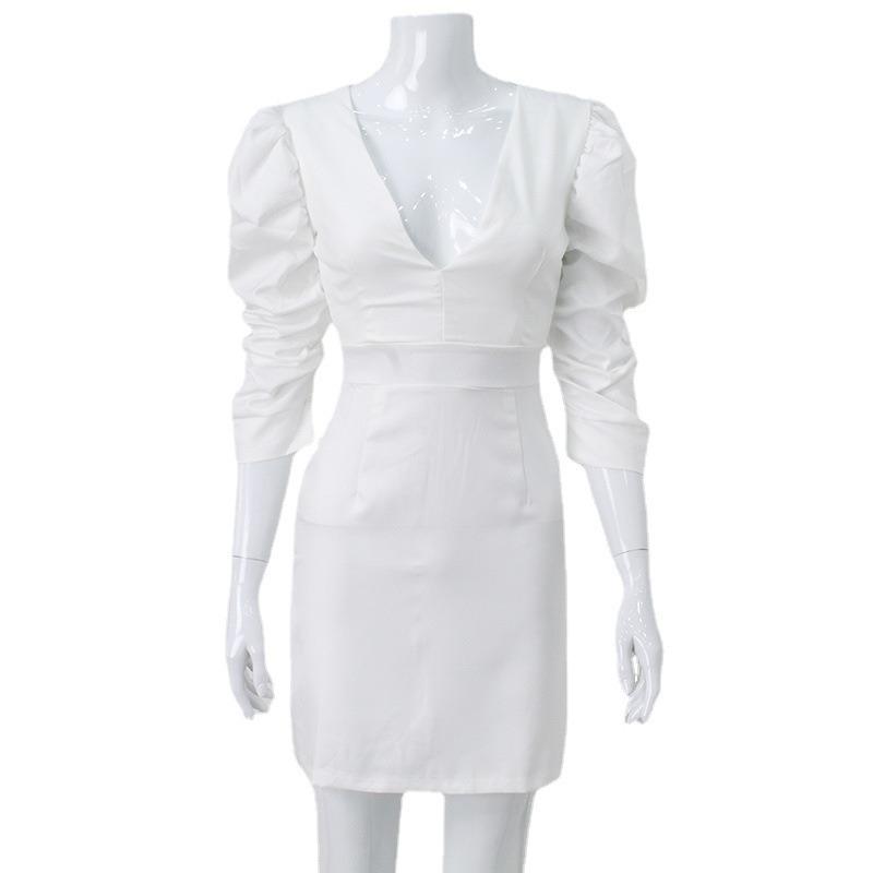 Women's Pure White Foam Sleeve Deep V Waist Halter Elegant Fashion Dress