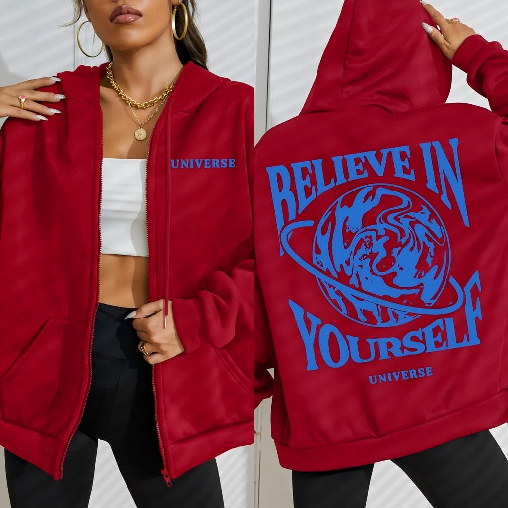 Believe In Yourself Earth Prints Zipper Hoodies Women Soft Hoodie Autumn Loose Clothings Fleece Casual Streetwear