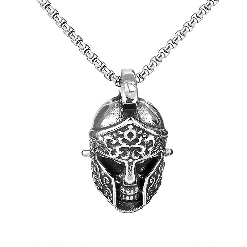 Spartan Helmet Skull Pendant Necklace Stainless Steel Gothic Punk Jewelry Halloween Gift for Men Women Adjustable Biker Chain