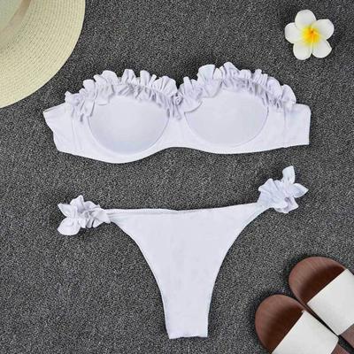 2Pcs/Set Women Summer Bikini Set Bandeau Ruffle Trim Bra Mid-rise Briefs Set Push Up Bathing Suit